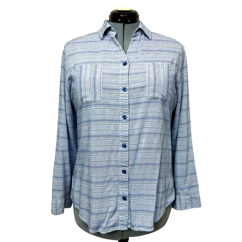 Chicos Striped Button Down Shirt 3/4 Roll Tap Sleeve Seaside Outdoor Top Sz: 12